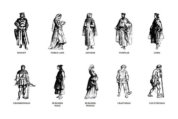 Historical Costume Illustrations - Vector Graphics - Middle Ages - History - Costume - Silhouette - People - Knights - Illustration - Set - Transparent - Isolated - Illustrator - AI EPS SVG PNG JPG