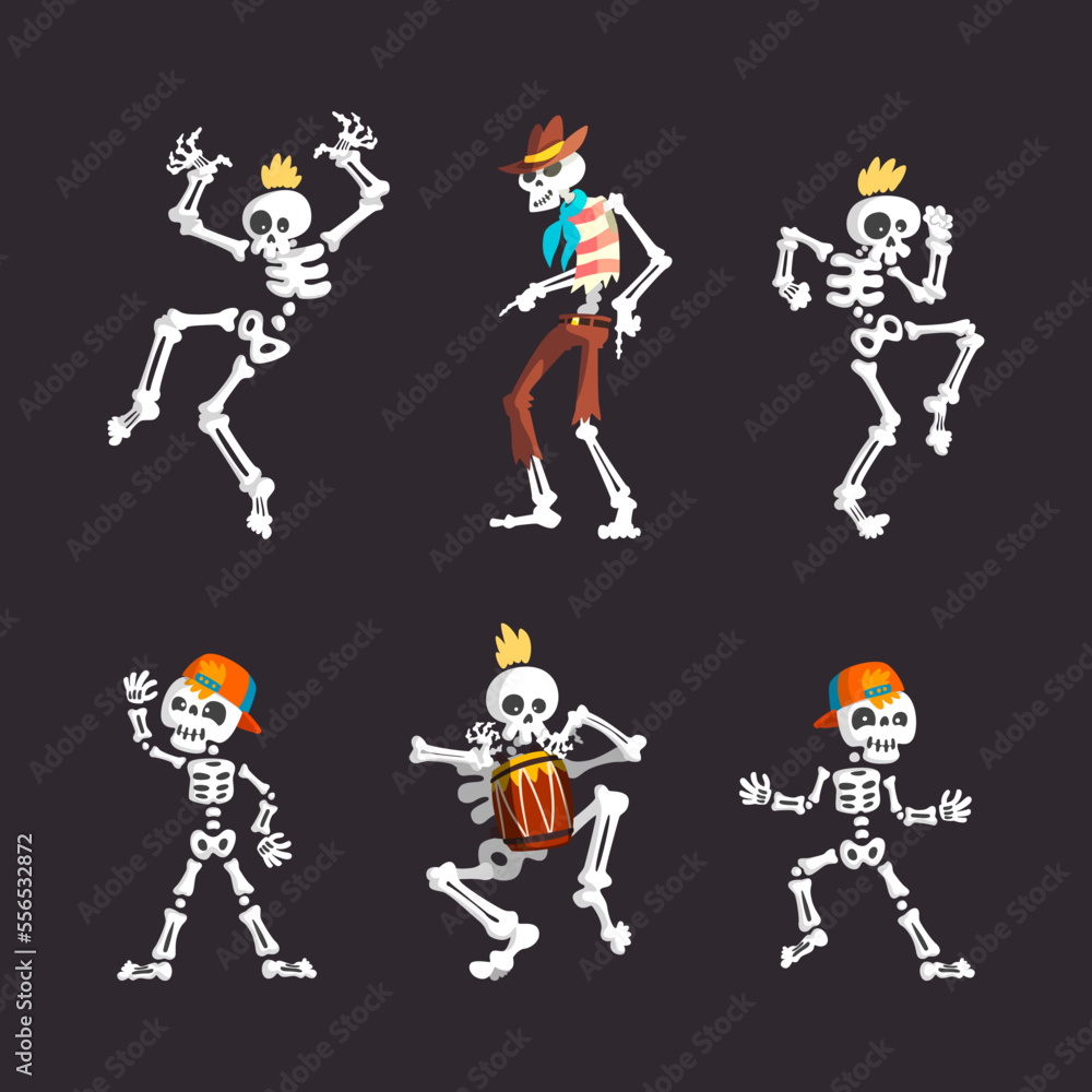 Poster bony skeleton character in different pose and action vector set