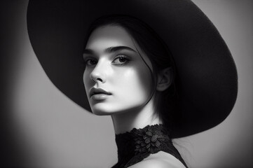 Portrait of elegant woman wearing black hat. AI generated image.