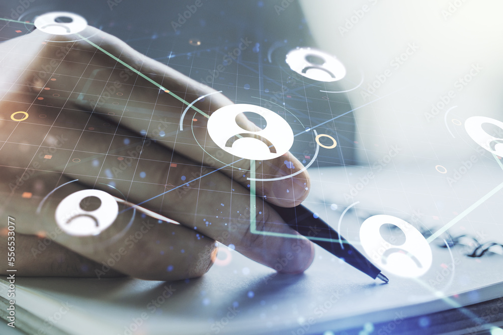 Poster double exposure of social network icons concept with man hand writing in notepad on background. netw