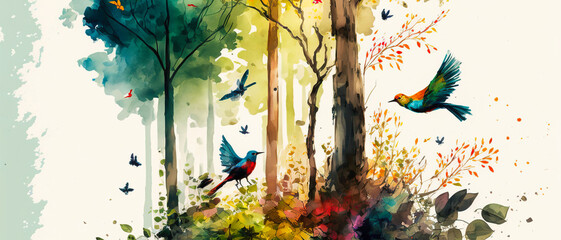 Background with forest and birds painting