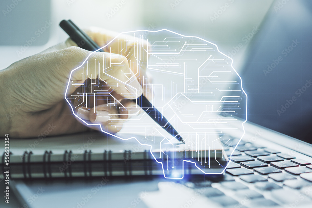 Poster creative artificial intelligence concept with human brain hologram and hand writing in notebook on b