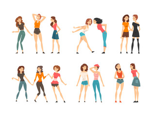 Fototapeta premium Woman Best Friends Spending Good Time Together Meeting and Talking Vector Set