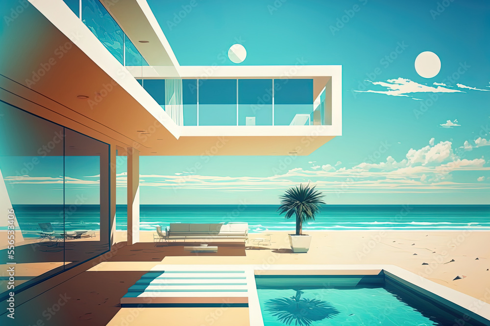 Poster Sea view. Modern beach house with a swimming pool and sunbeds for a vacation home or hotel. Generative AI