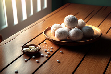 Natural wood table with homemade coconut balls. Generative AI