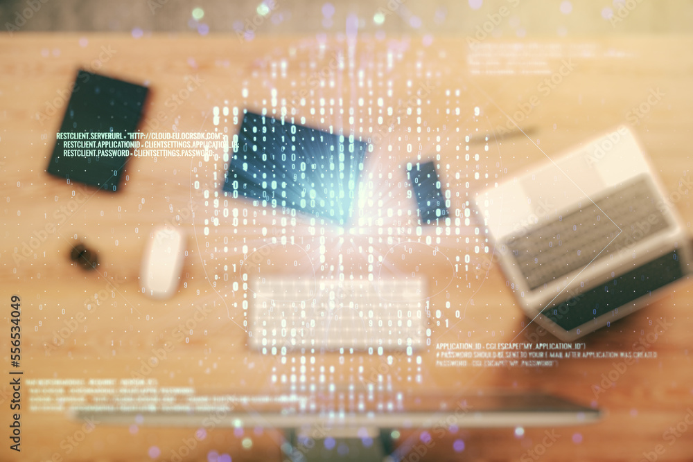 Poster creative code skull hologram on modern computer background, cybercrime and hacking concept. multiexp