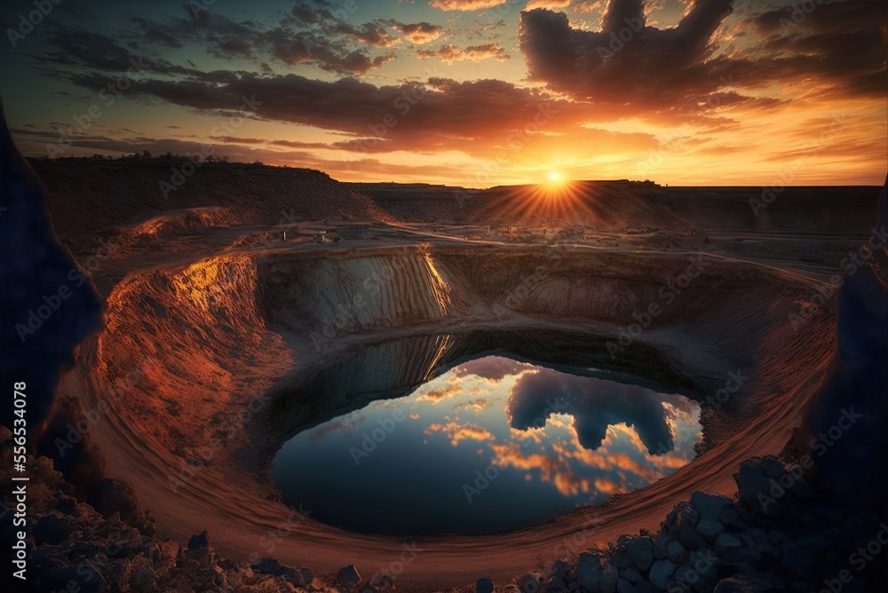 Poster sunset over an open pit mine. generative ai