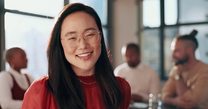 Face, portrait or woman in a meeting with a happy smile, motivation or growth mindset in an advertising agency. Startup, Asian or creative employee with mission goals, vision or marketing job success