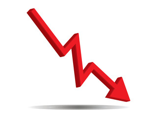 Red 3d arrow going down stock icon on white background. Bankruptcy, financial market crash icon for your web site design, logo, app, UI. graph chart downtrend symbol.chart going down sign.