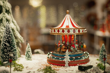 Vintage carousel home decoration for winter holiday season on sale at Christmas market. Festive xmas background wallpaper.