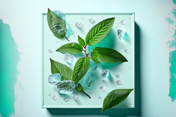 Mint leaves in top view with ice cubes and drips of water on a pale blue background. Generative AI