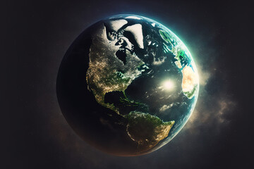 planet earth globe view from space with a global map and realistic earth surface. Generative AI