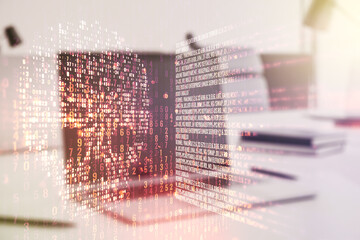 Creative concept of code skull illustration on modern laptop background. Hacking and phishing concept. Multiexposure