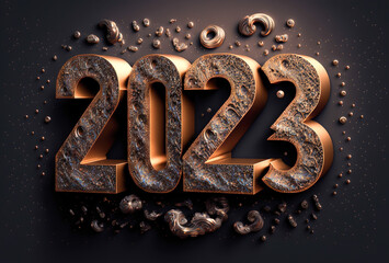 Stylized 3D text with copper and stone reading 2023 for the new year, created with Generative AI