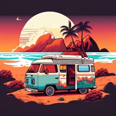 Camper, Vanlife style, poster  illustration, cover. Ai Generative