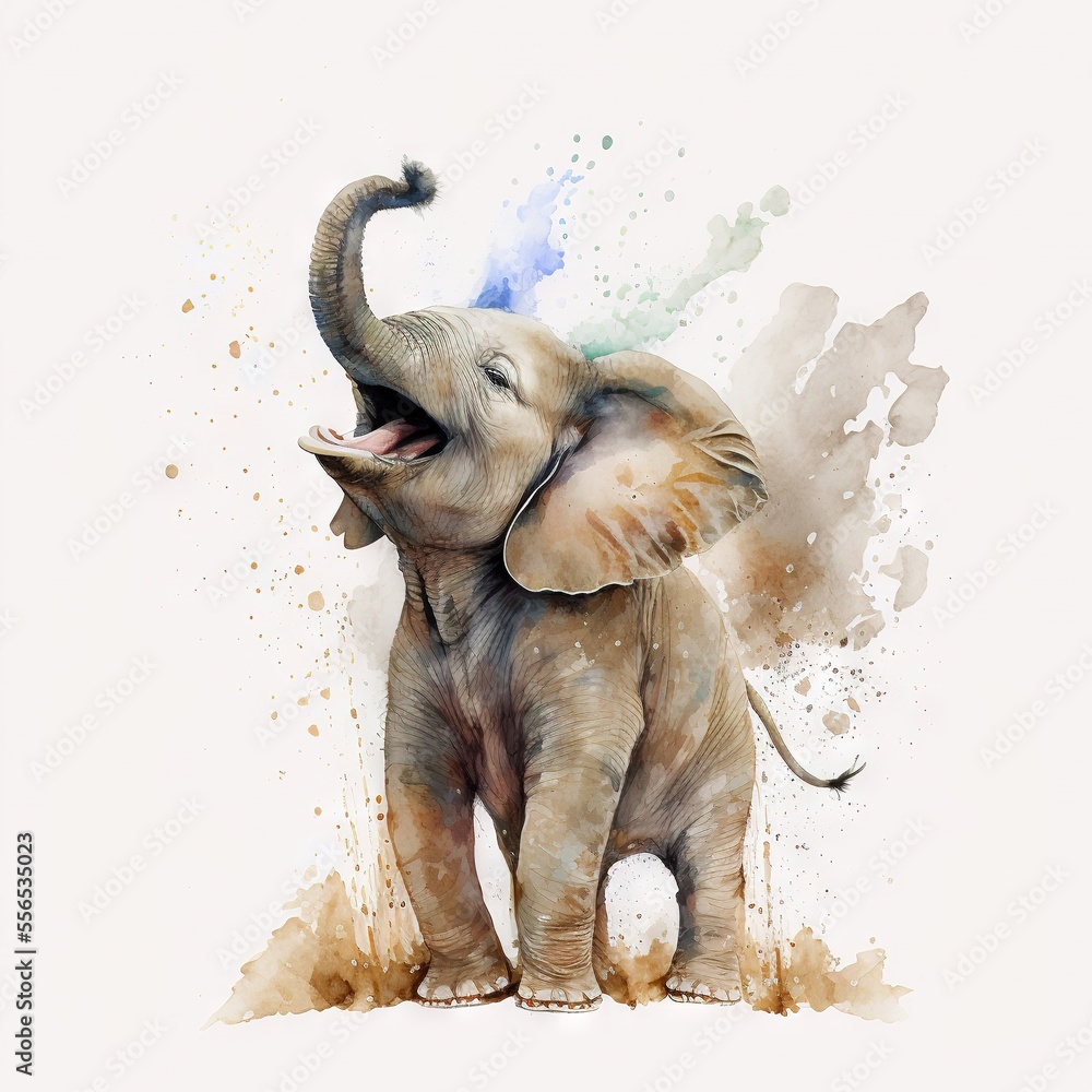 Poster a painting of an elephant with its trunk in the air and its mouth open. generative ai