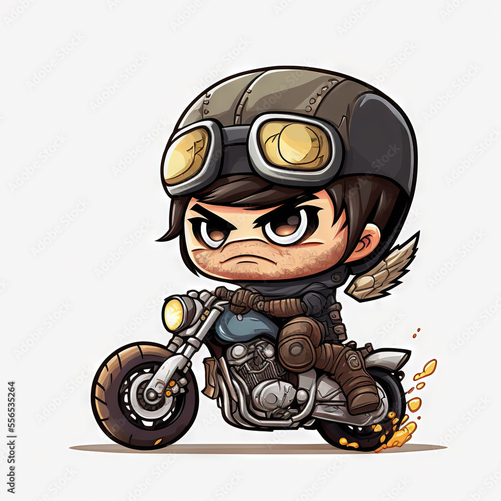 Poster a cartoon character riding a motorcycle with a helmet on and a helmet on. generative ai