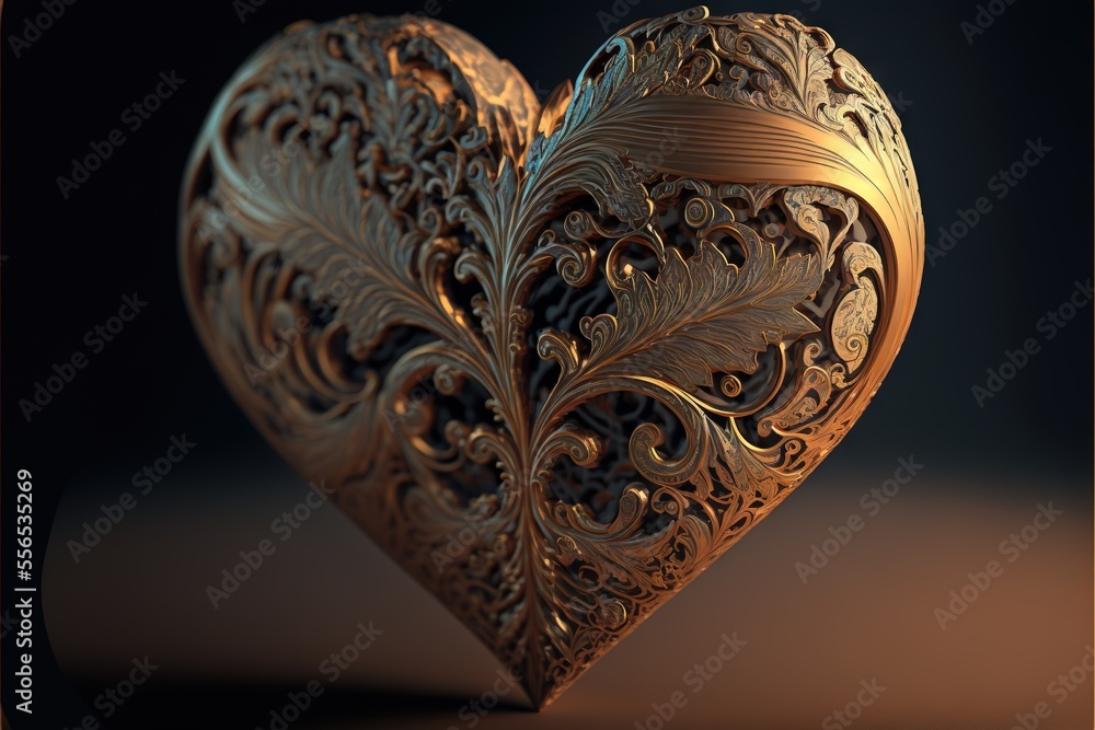 Poster a golden heart shaped object with intricate designs on it's sides and a black background with a gold