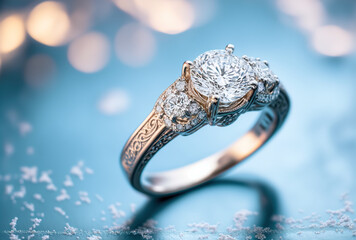 Gold diamond engagement ring in the snow, against a blue blurred bokeh background, created with Generative AI - obrazy, fototapety, plakaty