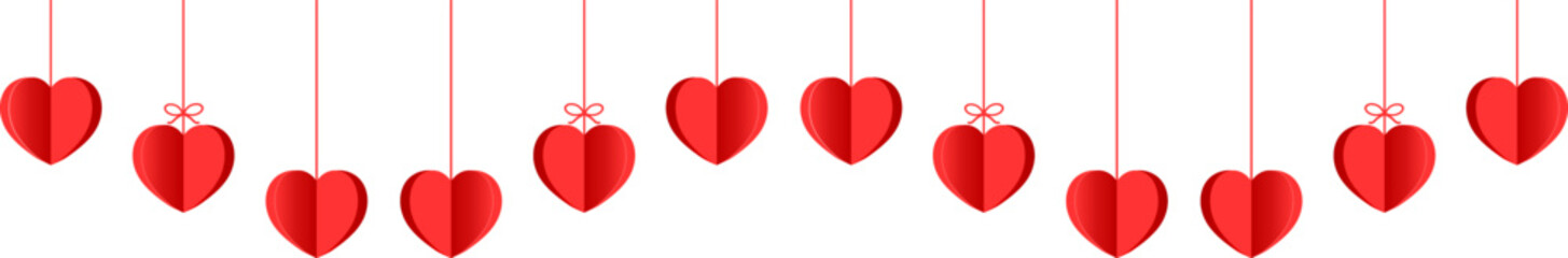 Hanging hearts garland.Red 3d paper hearts .Heart png.Set of simple hearts.Valentine's Day seamless pattern. Hearts garland . Valentine's day decoration.