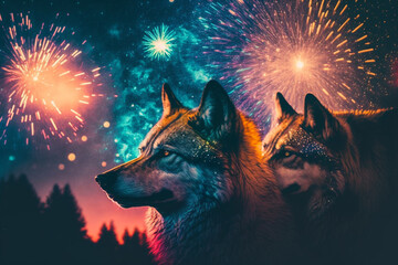two wolves with a beautiful display of fireworks in the dark sky above them, new year fireworks, Generative AI