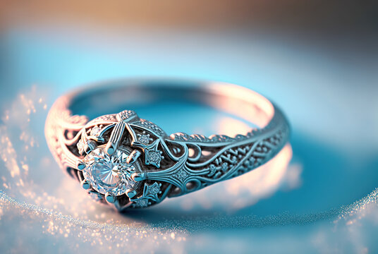 Silver diamond engagement ring against a blue blurred bokeh background, created with Generative AI