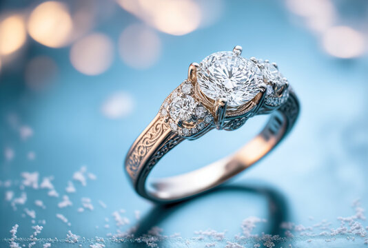 Gold diamond engagement ring in the snow, against a blue blurred bokeh background, created with Generative AI
