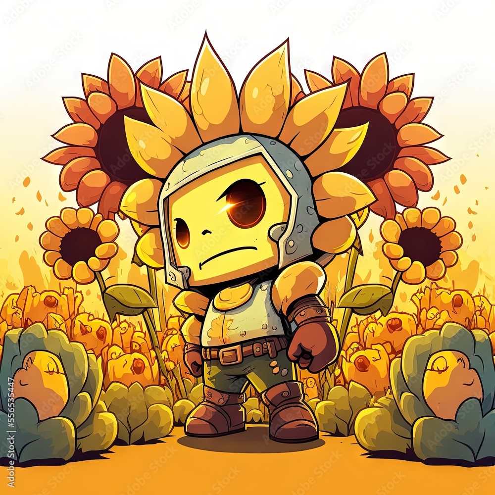 Poster a cartoon character standing in front of a sunflower field with a skeleton in the middle of it's hea