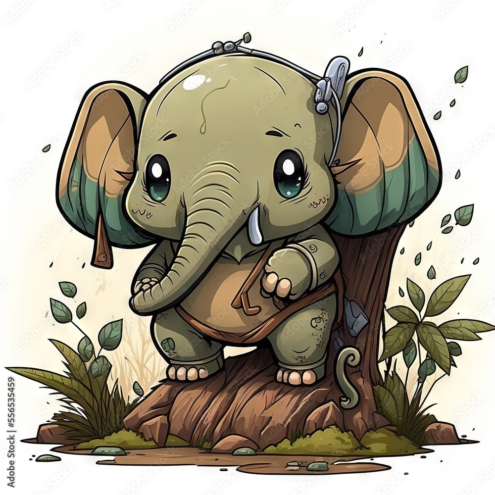 Poster a cartoon elephant with a hat on top of a tree stump with leaves around it and a hammer in its trunk