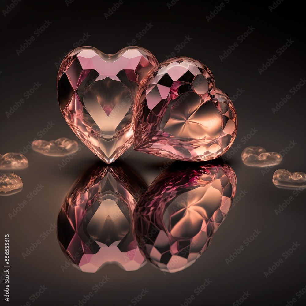 Poster a heart shaped diamond on a reflective surface with a reflection of it's reflection in the water and