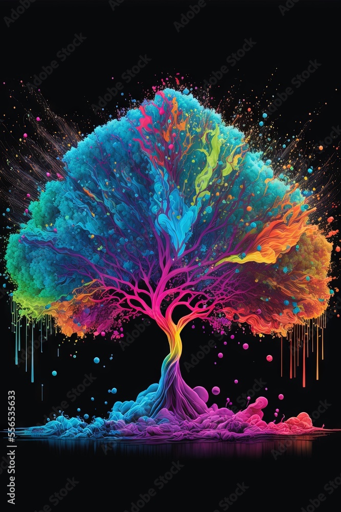 Poster a colorful tree with a black background and a black background with a black background and a black b