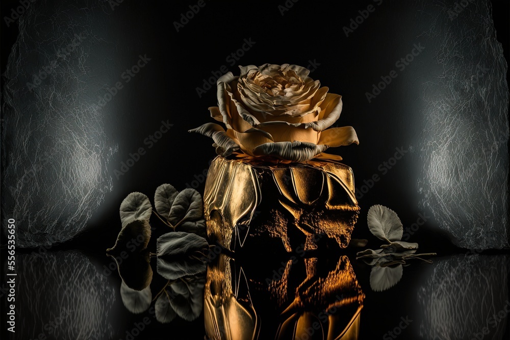 Poster a gold vase with a rose on it sitting on a reflective surface with a reflection of itself in the wat