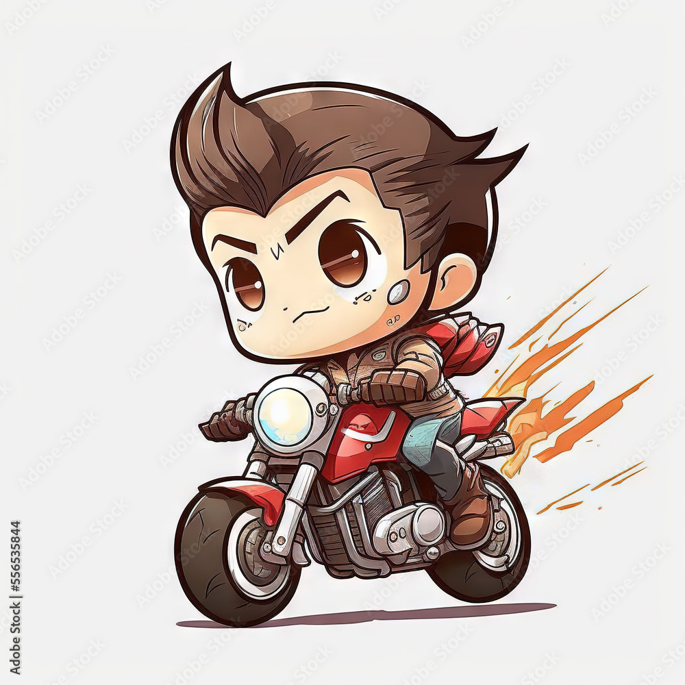 Poster a cartoon character riding a motorcycle with a helmet on and a red jacket on. generative ai
