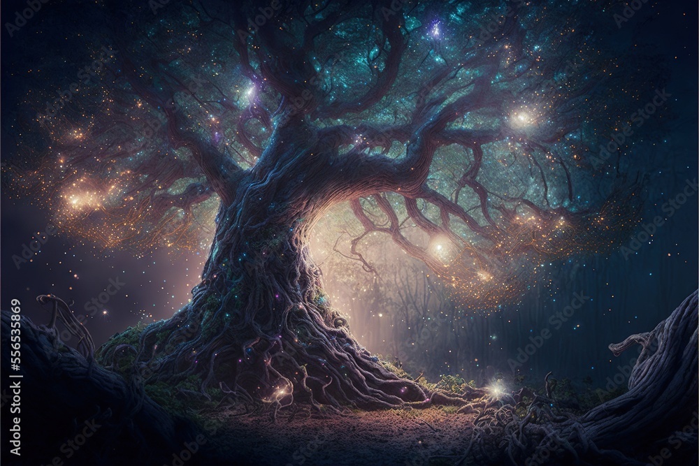 Poster a tree with a lot of lights in it's branches and a light shining from the top of it. generative ai