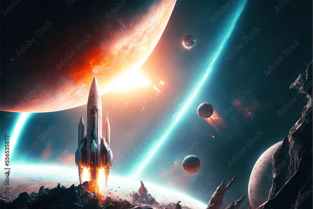 Poster a space station with planets and a rocket in the background. generative ai
