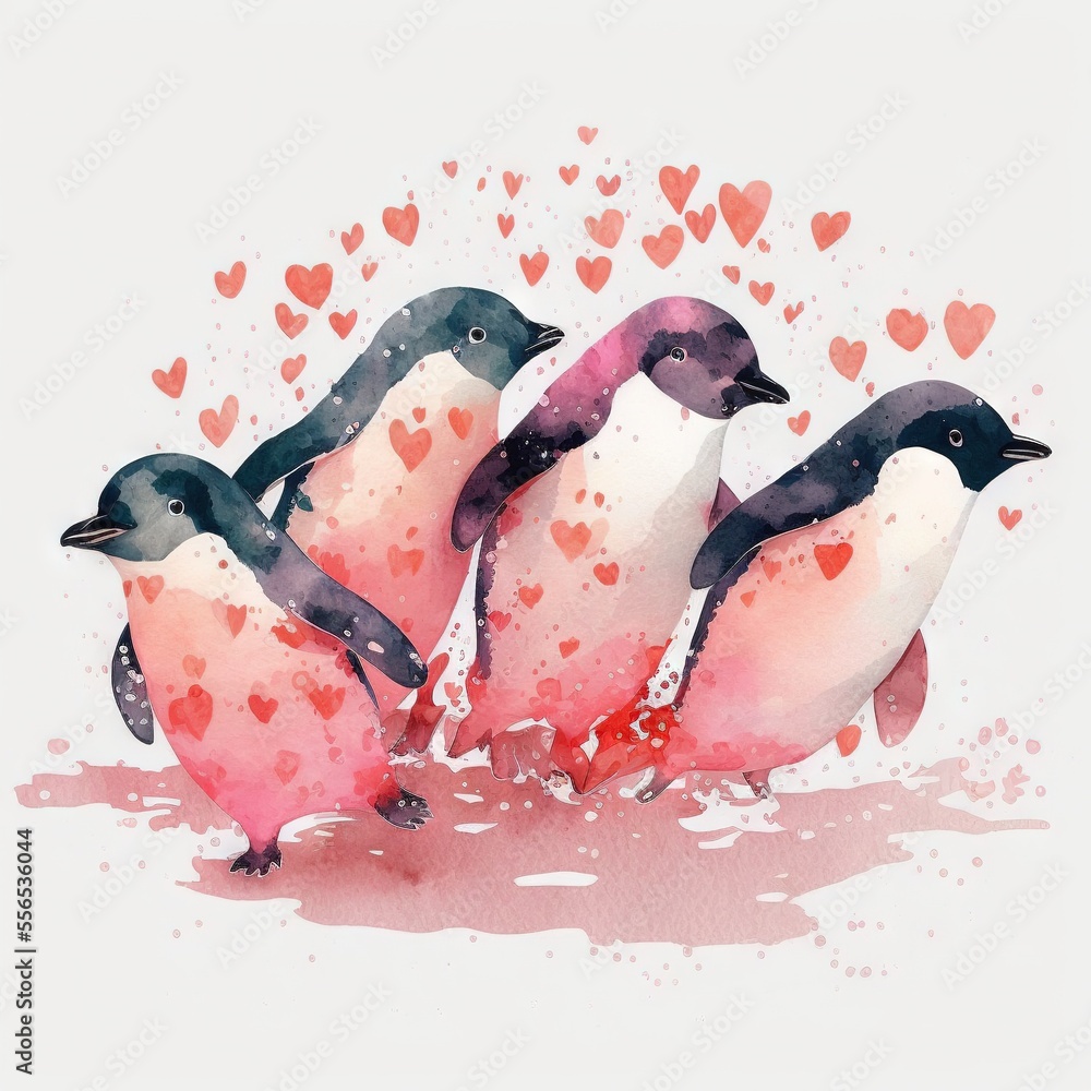 Poster a group of penguins standing next to each other on a white background with hearts in the background 