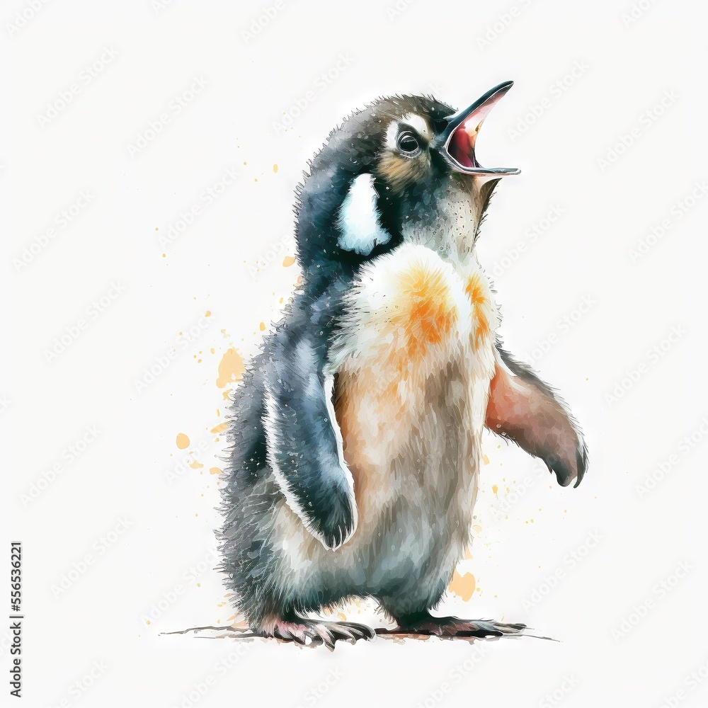 Poster a penguin with its mouth open and its beak open and its beak open. generative ai
