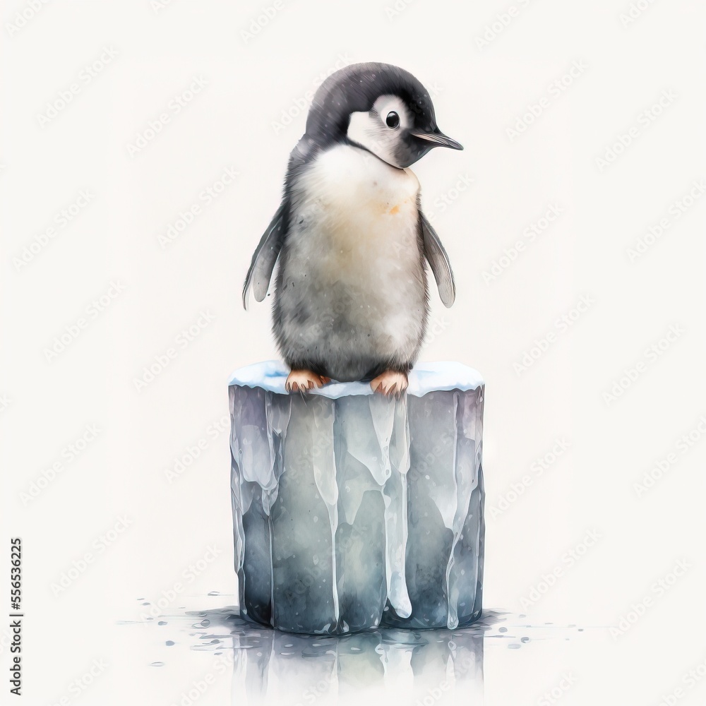 Poster a penguin sitting on top of an ice block with ice on it's sides and a penguin standing on top of it.
