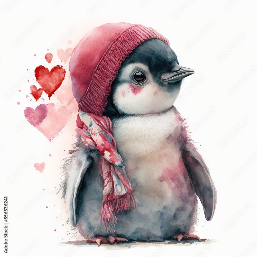 Wall mural  a penguin with a red hat and scarf on its head and a heart shaped object in the background with watercolors. generative ai