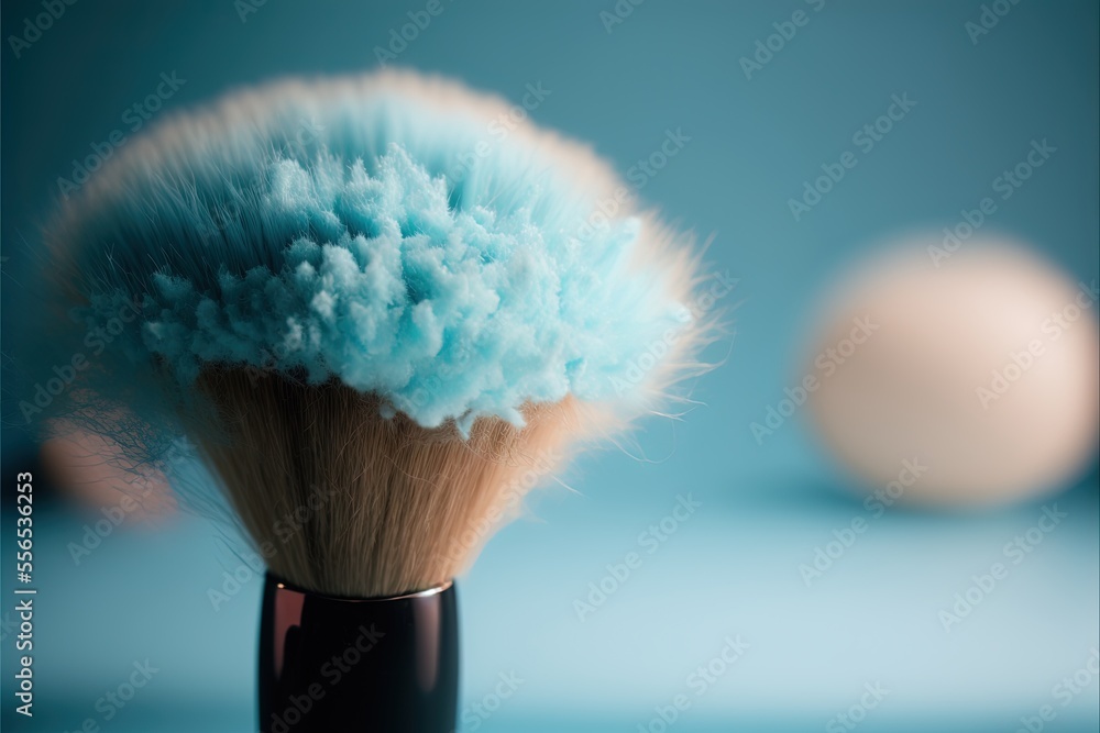 Poster a close up of a brush with a blue background and a white ball in the background with a blurry image 
