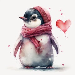  a penguin with a scarf and a hat on it's head is standing in front of a heart. Generative AI - obrazy, fototapety, plakaty