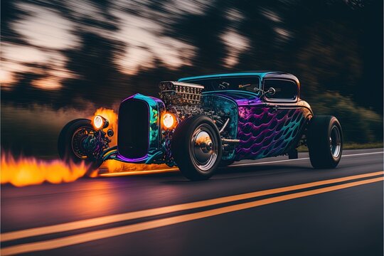  A Car Driving Down A Road With Flames Coming Out Of The Back Of It's Tires And The Front End Of The Car.