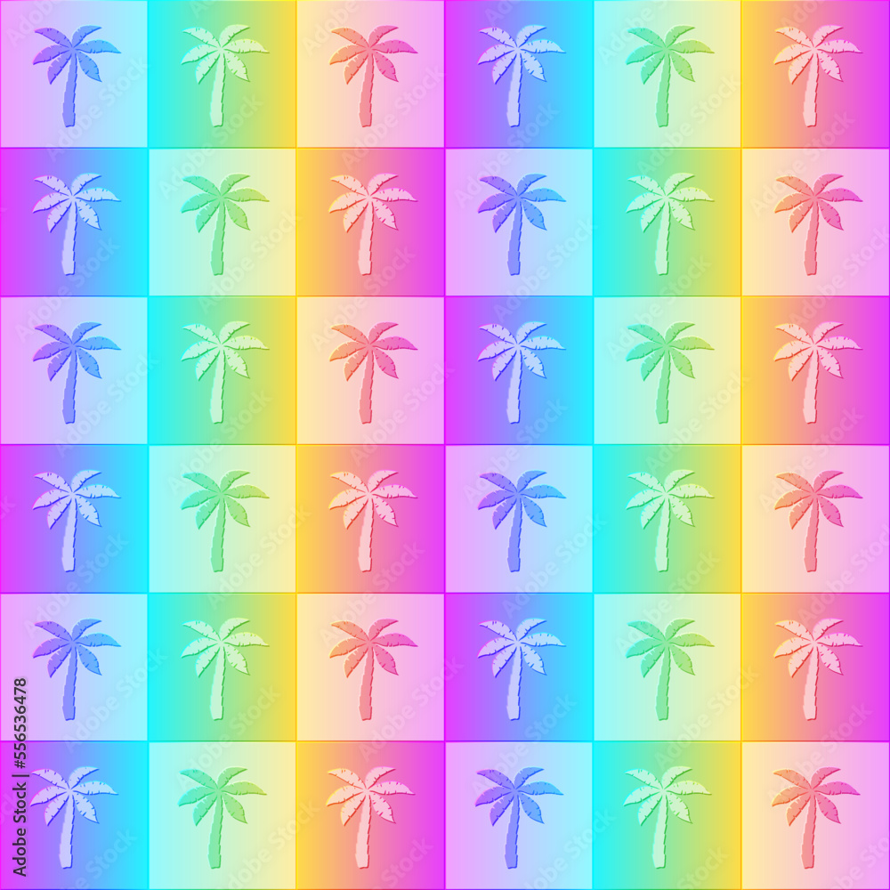 Poster palm tree seamless pattern. repeating rainbow palms background. repeated holographic gradient. abstr