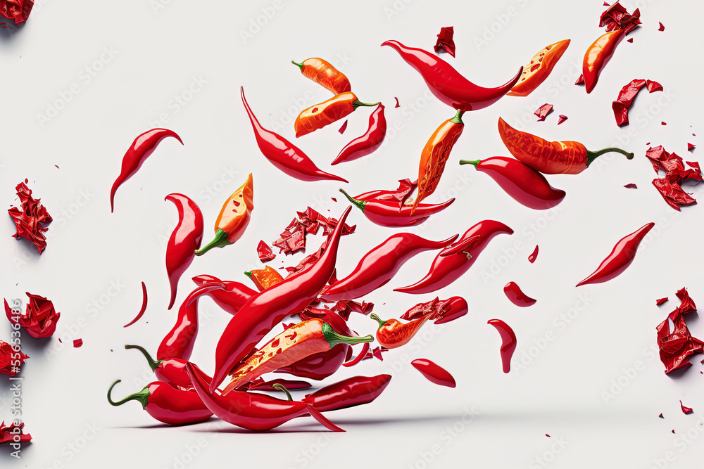Poster red chilli peppers that have just been picked, as well as cross pieces of them, are floating in the 