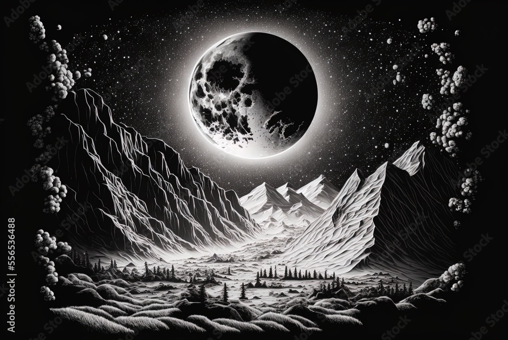 Poster Terrain in space. artwork in grayscale format. ideal for publishing. Generative AI