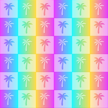 Palm tree seamless pattern. Repeating rainbow palms background. Repeated holographic gradient. Abstract neon for design prints. Repeat iridescent trees texture. Check wallpaper. Vector illustration