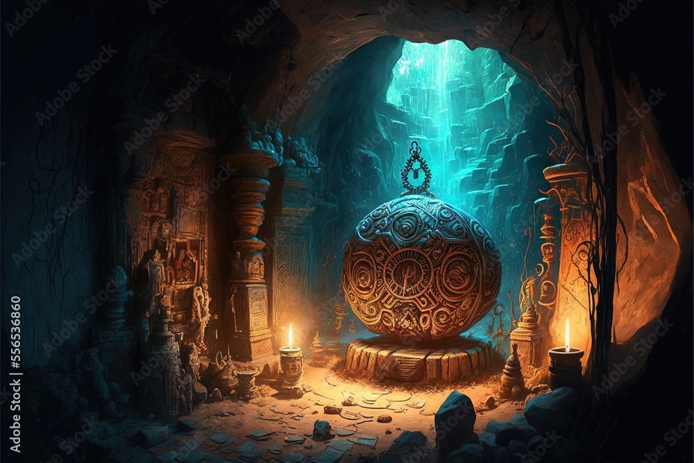 Poster a painting of a cave with a large ball in the middle of it and a candle in the middle. generative ai