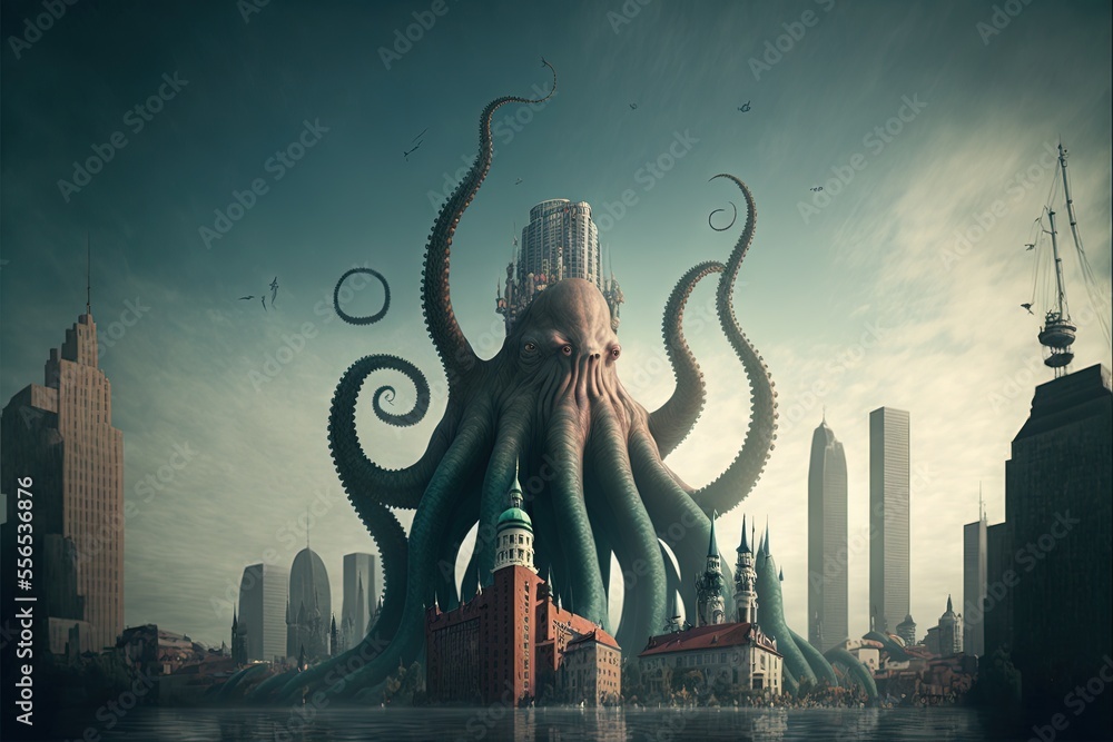 Poster an octopus is standing in the water with a city in the background and a building in the foreground. 