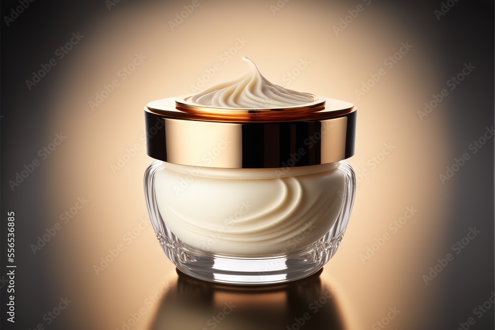Poster a jar of cream with a gold lid on a table with a black background and a white background behind it. 
