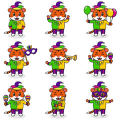 Obraz na płótnie Canvas Vector illustration Tiger wearing mardi gras clothes in different poses isolated on white background. A cartoon illustration of a Mardi Gras Tiger. Mardi Gras jester, set.